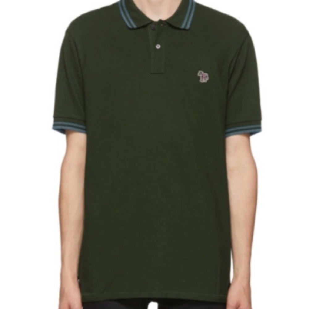 Paul Smith slim fit bottle green pique polo w/ rainbow zebra patch Sz M